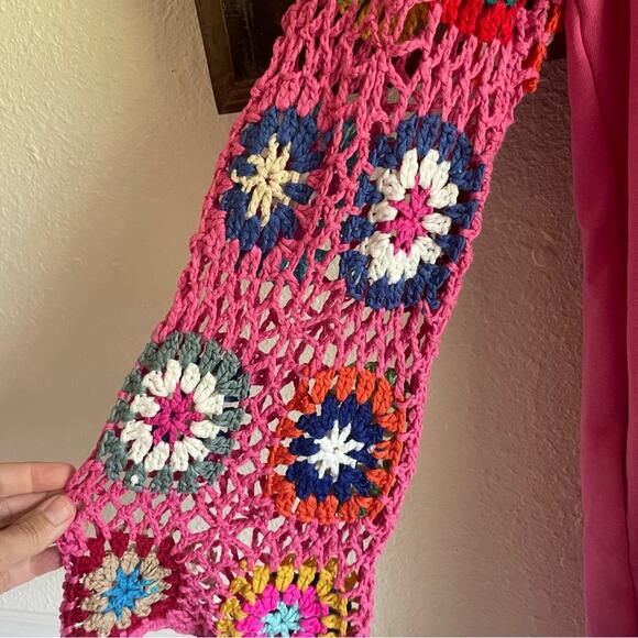 Umgee Pink Dress with Colorful Crochet Sleeves Terry Cloth Dress - Picture 3 of 7